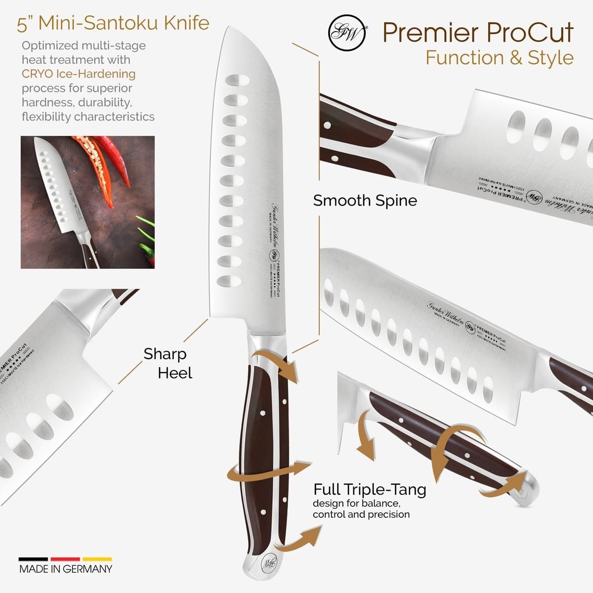Gunter Wilhelm Premier Santoku Knife, 5 Inch | Dark Brown ABS Handle SKU: 30-317-0405