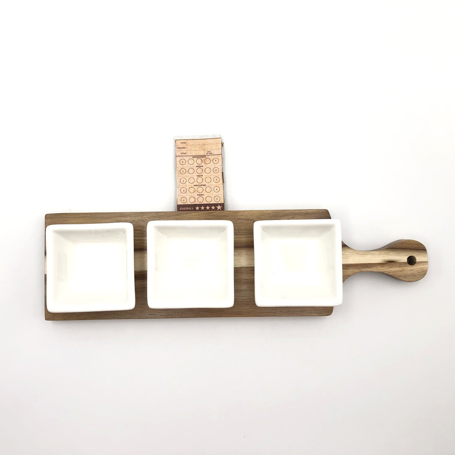 Acacia 3 hole Flight Board with Fine Porcelain square appetizer dish set WL-555040