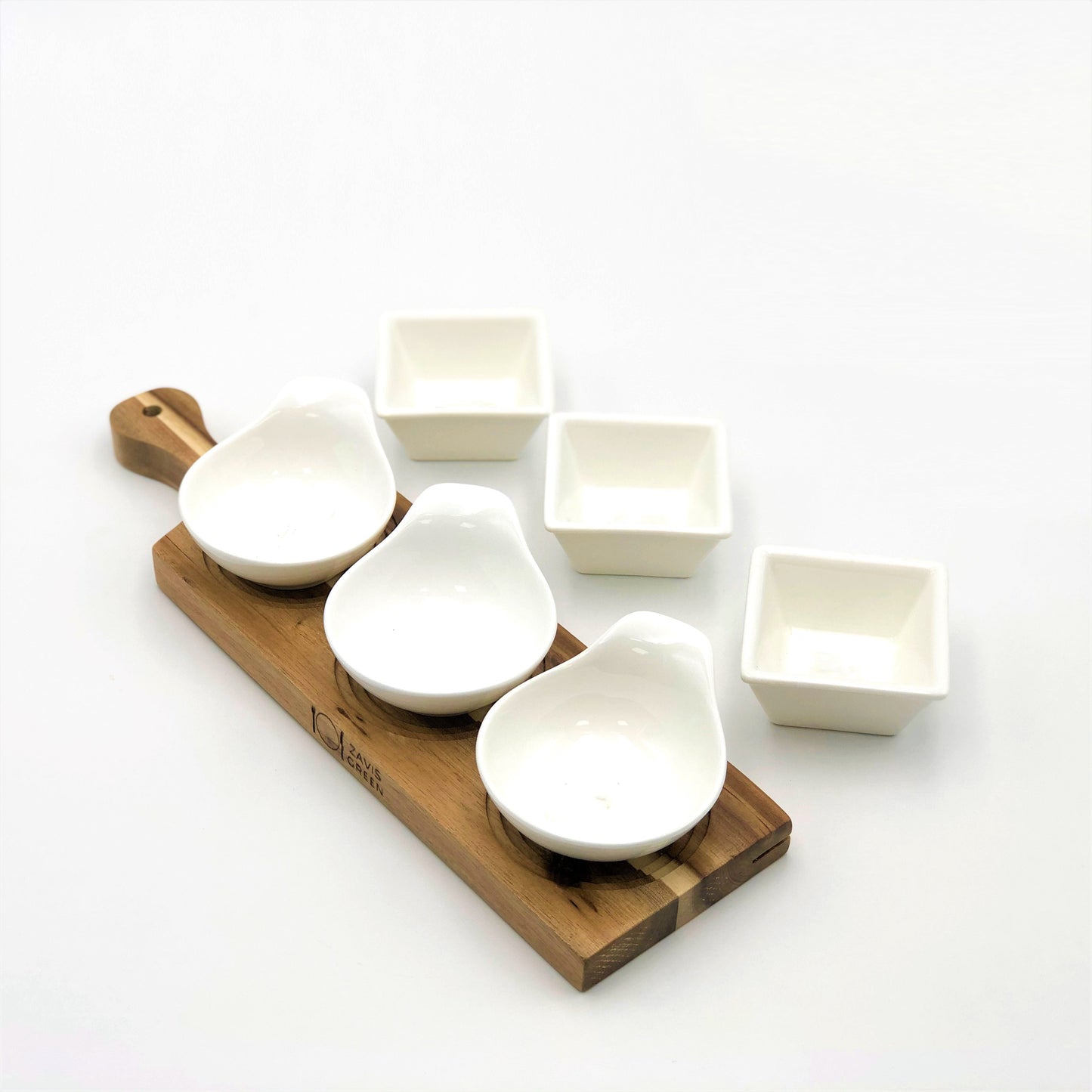 Acacia 3 hole Flight Board with Fine Porcelain round and square appetizer dish set WL-555042