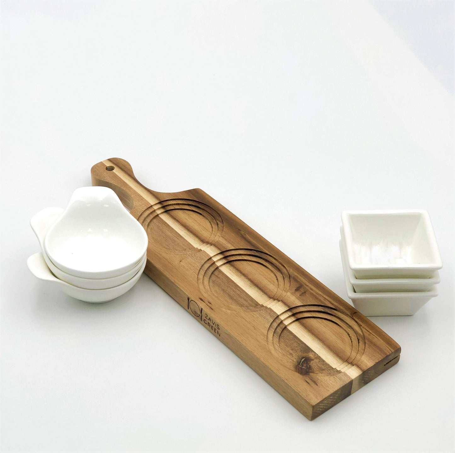 Acacia 3 hole Flight Board with Fine Porcelain round and square appetizer dish set WL-555042