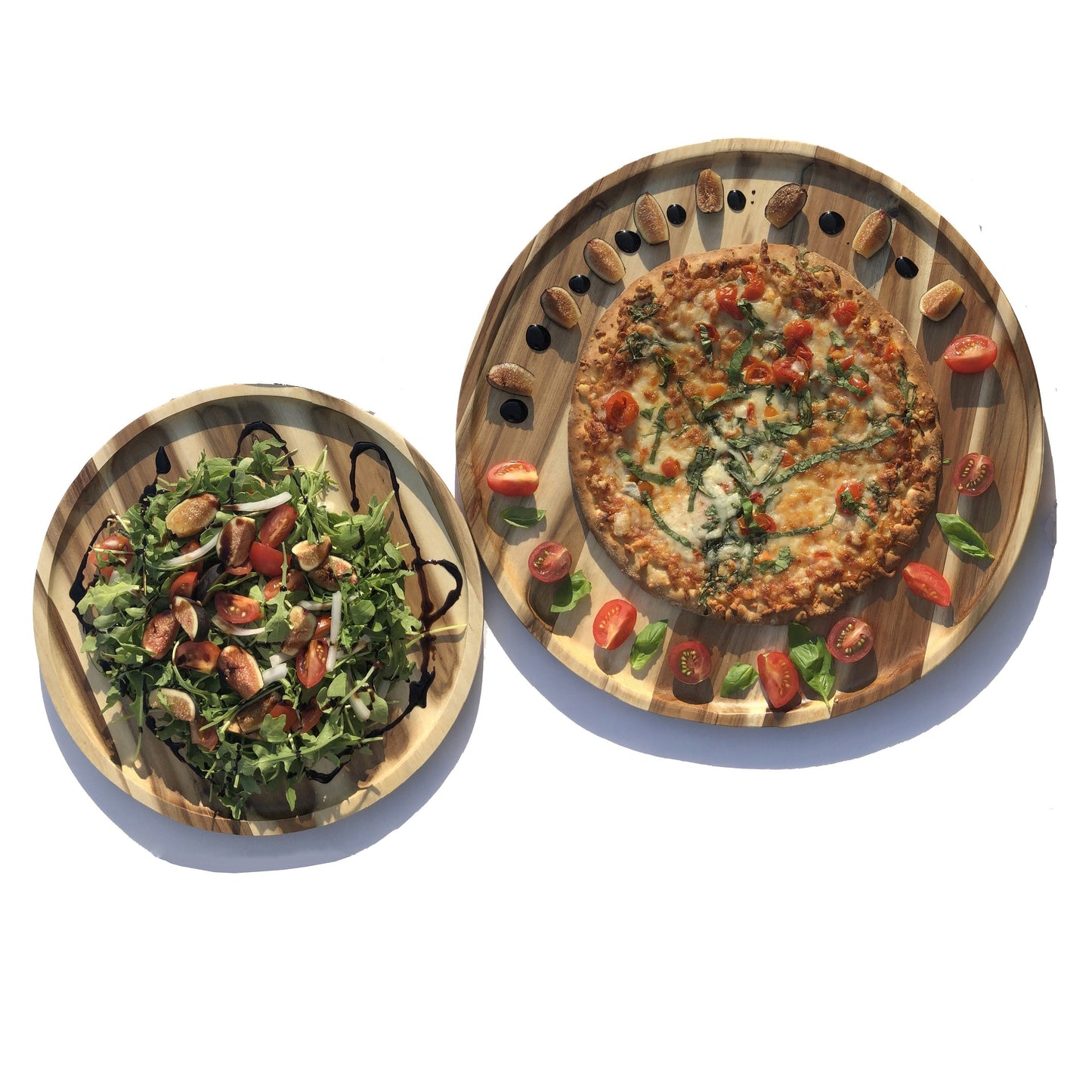 2 Medium-sized Acacia platters for Pizza and Salad party serving set (14” and 8” round) WL-555043