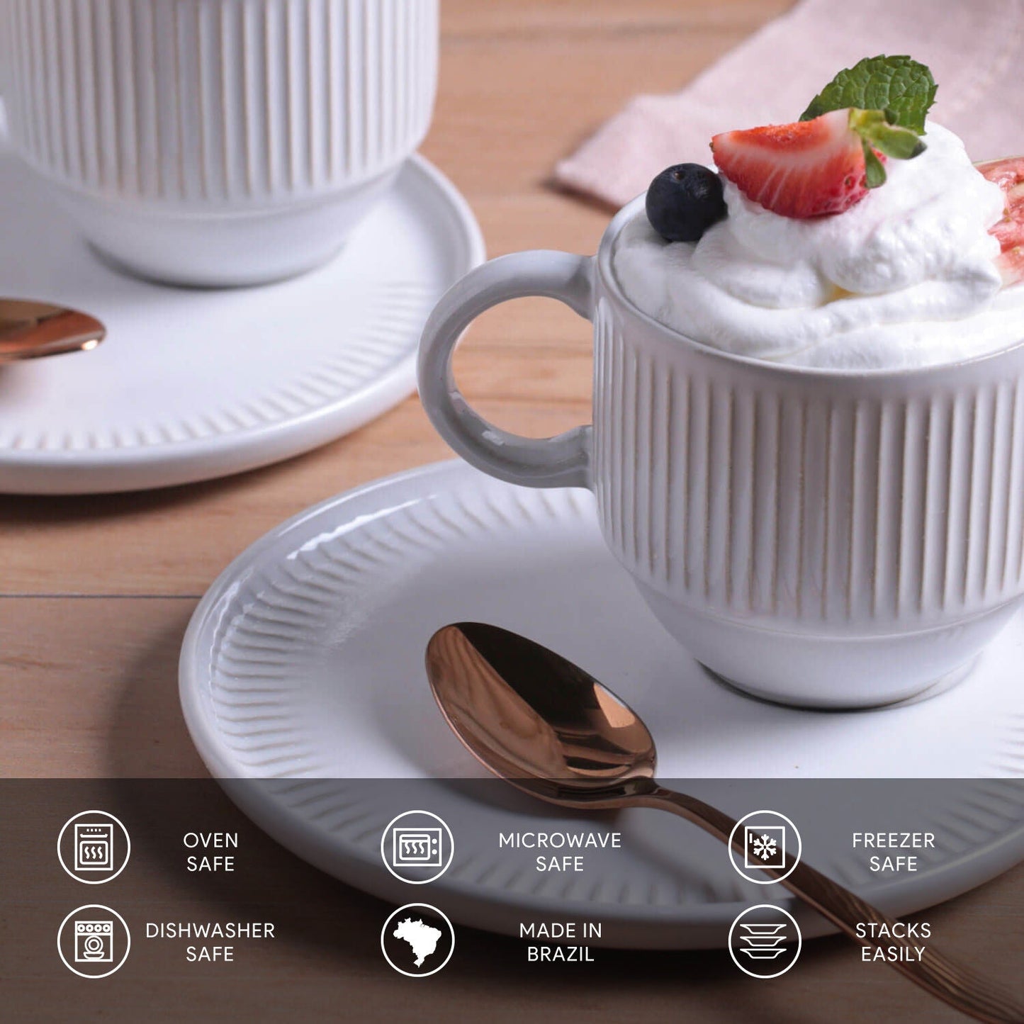 Porto Brasil NEW WHITE LINHAS STACKABLE dia. 7.78 oz. TEA CUP W/ SAUCER  SKU: '36161119801