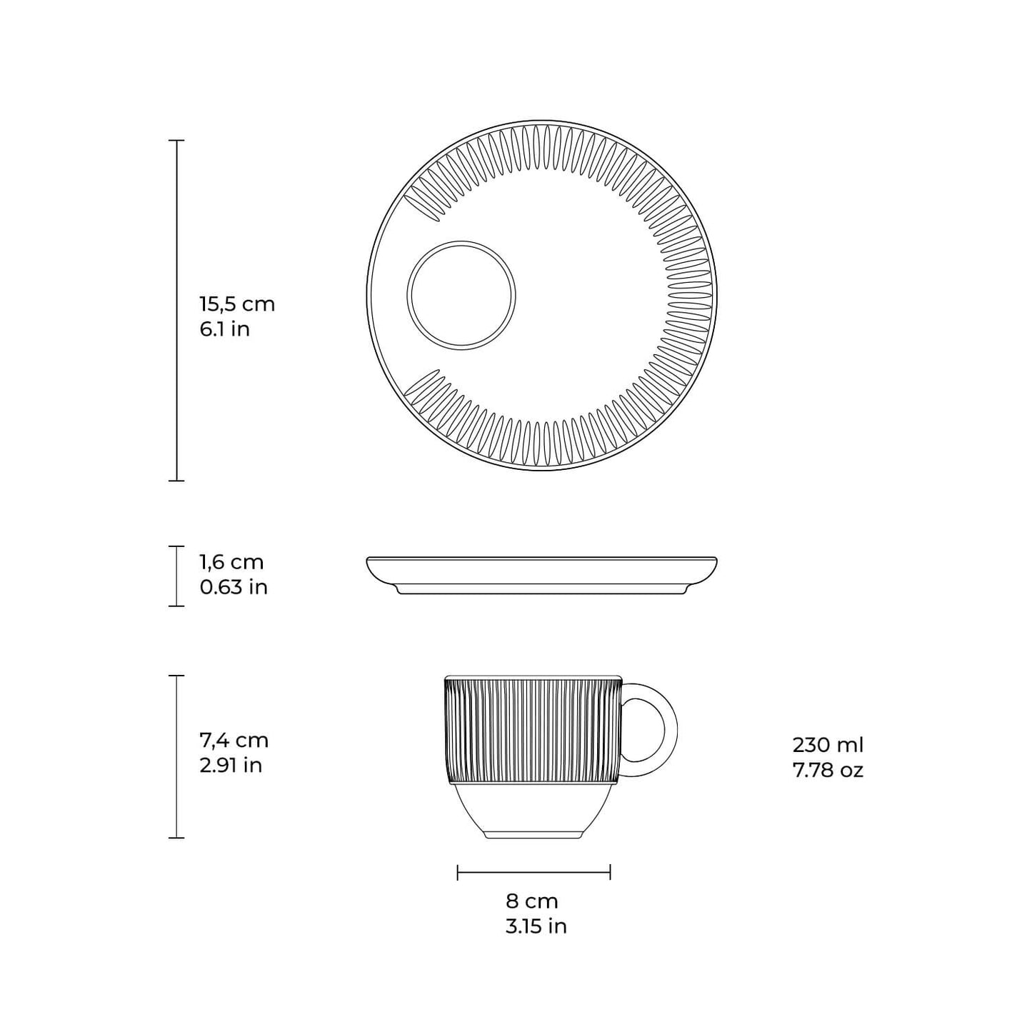 Porto Brasil NEW WHITE LINHAS STACKABLE dia. 7.78 oz. TEA CUP W/ SAUCER  SKU: '36161119801