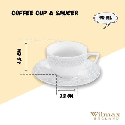 White 3 Oz | 90 Ml Coffee Cup & Saucer Set Of 6 In Gift Box