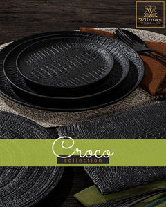 Black Porcelain Slate look Round Plate / Platter With Crocodile Skin Texture 13" inch | 33 Cm