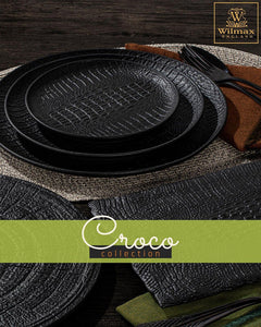 Set Of 2 Black Porcelain Slate look Round Plate / Platter With Crocodile Skin Texture 13" inch | 33 Cm