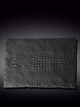 Black Porcelain Slate look Rectangular Serving Dish With Crocodile Skin Texture. 11.75