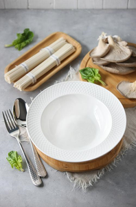 White Porcelain Deep Plate With Embossed Wide Rim 9" inch | Set Of 6 In Gift Box