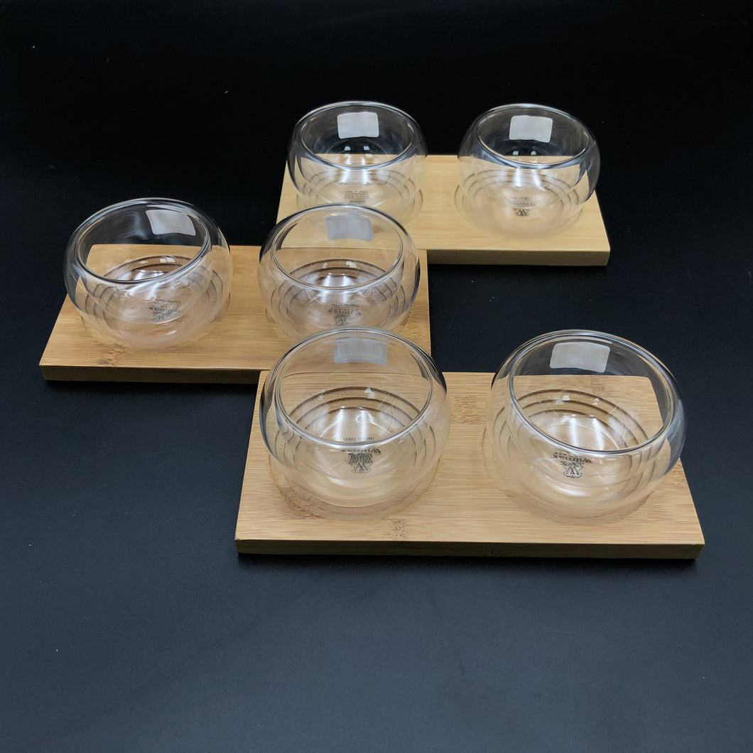 A Set Of 3 Bamboo Double Trays With 6 Doublewalled Thermo Bowls To Match WL-555029