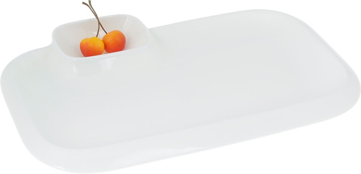 White Rectangular Platter With Sauce Compartment 14" inch X 8.5" inch|