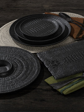 Black Porcelain Slate look Round Plate / Platter With Rustic Texture 13