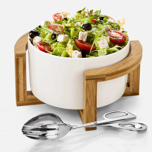 Family Size Large Salad Bowl Set With Serving Tongs And A Bamboo Stand