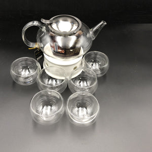 Large Asian Tea Thermo Set With 6 Bowls For Serving And A Porcelain Warming Stand WL-555017