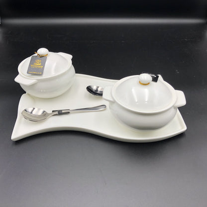 Set Of 2 Individual Baking Pots With A Soup Spoon And Curved Serving Dish Set For 2
