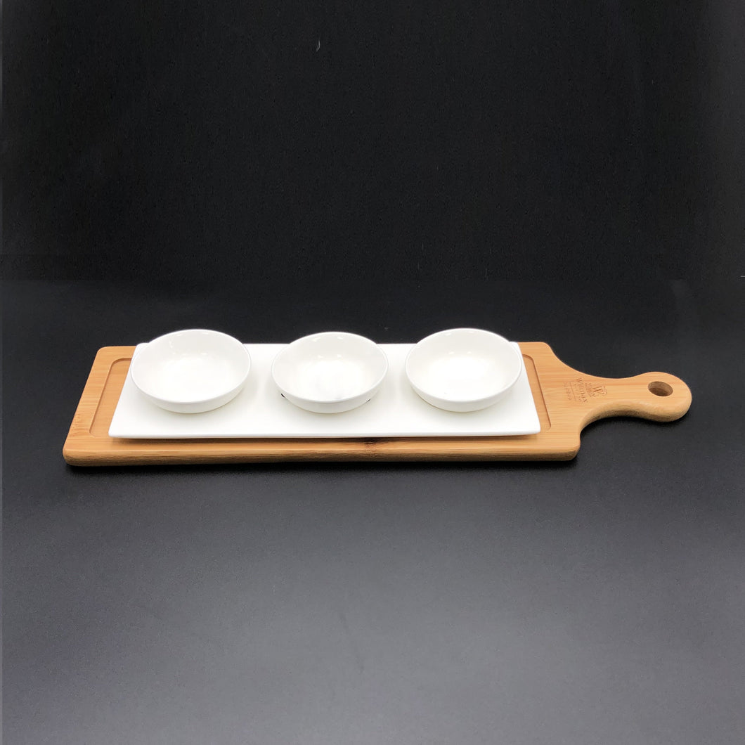 A Mignardises (Petit Four) Serving Set With Bamboo Long Tray And Porcelain Dishes To Match WL-555022