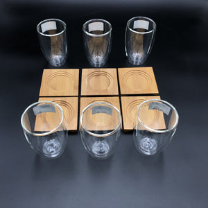 A Set Of 6 Bamboo Coaters/  Trays With 6 Doublewalled Thermo Glasses To Match WL-555031