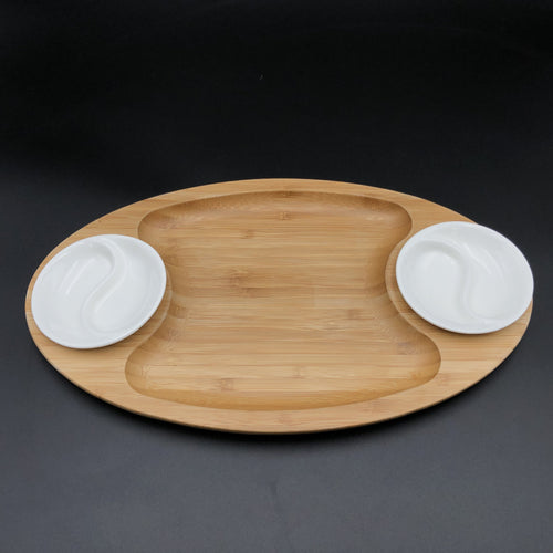 Fine Porcelain And Bamboo Serving Tray Combo Set With A Yin Yang 2 Section Saucer WL-555035
