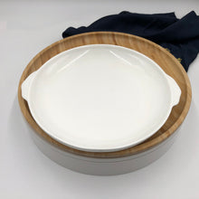 Set Of 3 Bamboo And Fine Porcelain Round Baking Dish/plate Setting