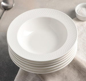 White Porcelain Deep Plate With Embossed Wide Rim 9" inch | For soup, pasta, salad