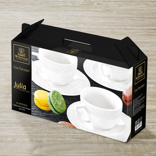 6 OZ | 170 ML CAPPUCCINO CUP & SAUCERSET OF 6 IN COLOUR BOX - WILMAX PORCELAIN WILMAX